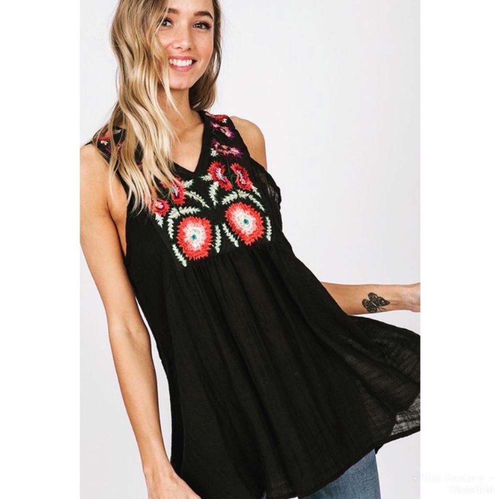 Black Top w/ Embroidered Floral V-Neck
